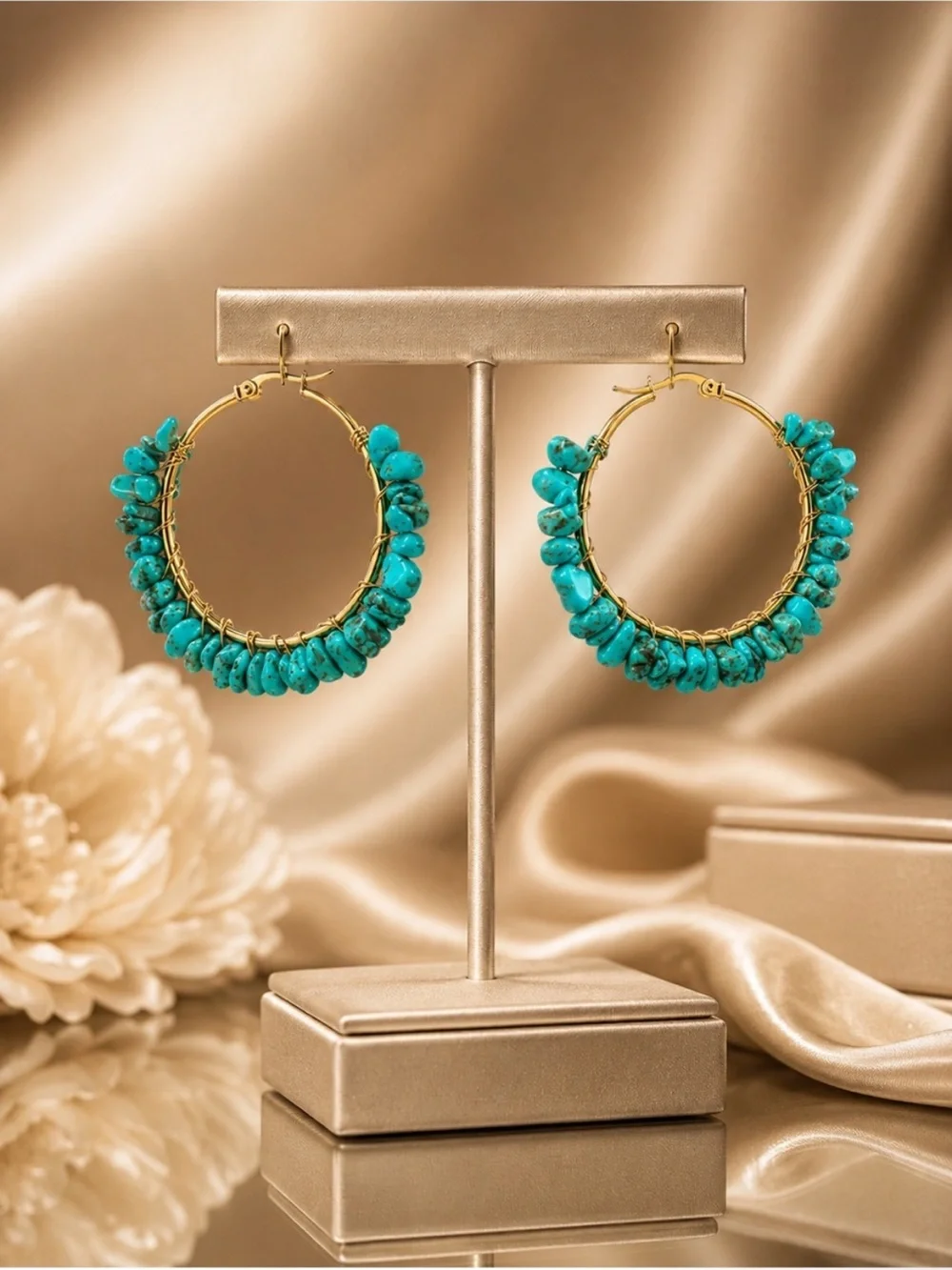 Artisan Gold Hoop Earrings with Turquoise
